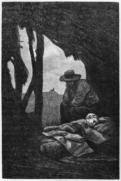 Jean Valjean veillant sur Cosette endormie, illustration de 