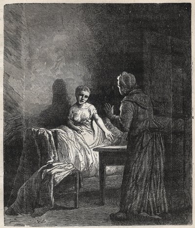 Marguerite entre dans la chambre de Fantine et Fantine lui montre deux Napoléons (pièces) qui peuvent sauver Cosette, sa fille - Illustration par Gustave Brion (1824-1877) pour « Les Misérables - Première partie : Fantine » de Victor Hugo (1802-1885) 1862 - Gustave Brion