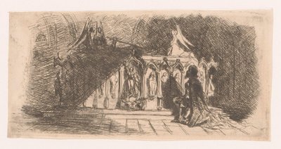 Homme agenouillé devant une tombe gothique - Gustave Buschmann