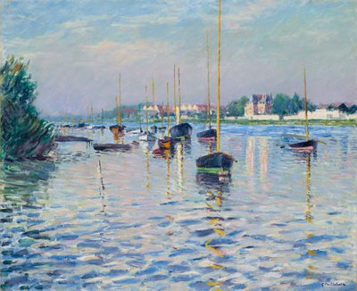 French: Bateaux au mouillage sur la Seine à Argenteuil Boats moored on the Seine at Argenteuil - Gustave Caillebotte