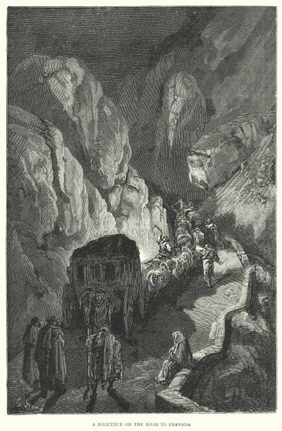 Une diligence sur la route de Grenade (gravure) - Gustave Dore