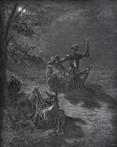Un discours nocturne - de "Don Quichotte de la Manche" par Miguel Cervantes (1547-1616) - gravure sur bois d