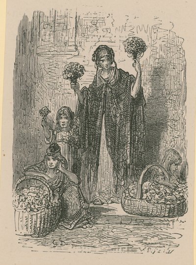 Un groupe de jeunes femmes vendant des fleurs dans des paniers - Gustave Dore