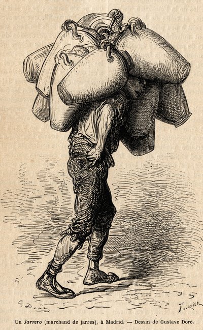 Un marchand de jarres, croquis pris sur le vif à Madrid. Gravure par Gustave Doré (1832-1883) pour illustrer son voyage en Espagne, avec Ch. Davillier (éditeur), en 1862 - Gustave Dore