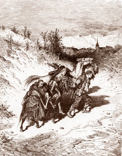 Un laboureur de son propre village ramène Quichotte chez lui Gravure par Gustave Doré (1832-1883) pour « L