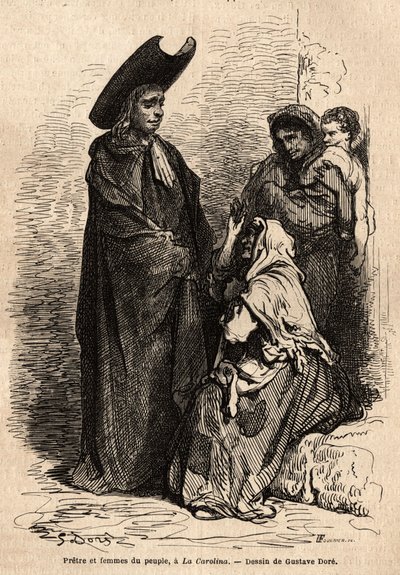 Un prêtre et une femme du peuple, vêtus de haillons ; les mendiants professionnels espagnols installés sur les parvis des églises pour exploiter habilement la charité chrétienne. Gravure pour illustrer le voyage - Gustave Dore