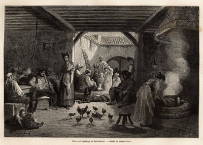 Une auberge (vente) en Estrémadure, qui accueille ouvriers et voyageurs ainsi que divers animaux domestiques ou non, on peut boire à la cruche commune suspendue aux poutres ou individuellement et on peut aussi manger une soupe toujours sur le feu. Gravure  - Gustave Dore