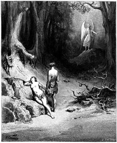 Adam et Ève chassés du Paradis. Illustration de Gustave Doré pour « Le Paradis Perdu » de John Milton (1608-1674). Gravure de 1866. Collection Privée - Gustave Dore