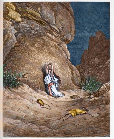 Agar et son fils Ismaël, dans le désert après avoir été chassés par Abraham - gravure dans "La Bible illustrée" par Gustave Doré (1832-1883) - Gustave Dore
