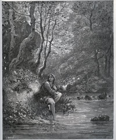 Apparition de Dorothée en habits de fermière - de "Don Quichotte de la Manche" par Miguel Cervantes (1547-1616) - Gravure sur bois d