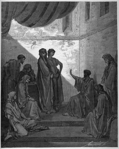 Baptême de Corneille le Centurion - Corneille le Centurion reçoit la foi de Jésus-Christ et est baptisé par Saint Pierre. - Gravure dans « La Bible illustrée » par Gustave Doré (1832-1883) - Gravure de « La Bible de Doré » - Gustave Dore