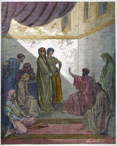 Baptême de Corneille le Centurion - Corneille le Centurion reçoit la foi de Jésus-Christ et est baptisé par Saint Pierre. - Gravure dans « La Bible illustrée » par Gustave Doré (1832-1883) - Gravure de « La Bible de Doré » - Gustave Dore