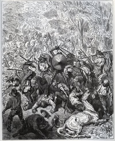 Bataille avec les muletiers - Les Yangois ont utilisé leurs bâtons - de "Don Quichotte de la Manche" par Miguel Cervantes (1547-1616) - Gravure sur bois d
