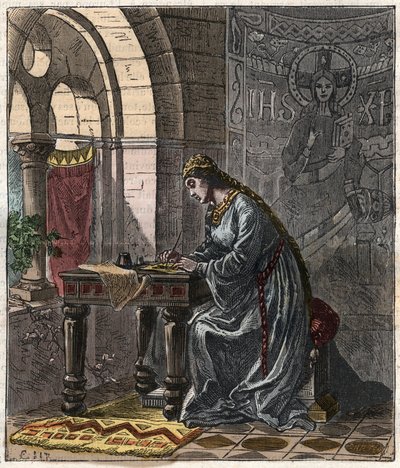 Bertrade de Montfort, reine de France (épouse de Philippe Ier roi de France) à Fontevrault - Gravure par Gustave Doré du 19ème siècle dans « Histoire nationale illustrée de la France des temps les plus reculés à nos jours » 1876 - Collection privée - Gustave Dore