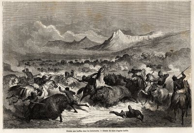 Chasse au bison parmi les Delawares, Amérindiens vivant sur les rives de la rivière du même nom, dessin par Gustave Doré (1832-1883), pour illustrer le voyage du Mississippi à l