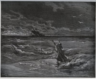Histoire du captif. Aagi-Morato, le père de Zoraïde, est en barque sur le rivage de « Don Quichotte de la Manche » par Miguel Cervantes (1547-1616) (Don Quichotte) - Gravure sur bois d