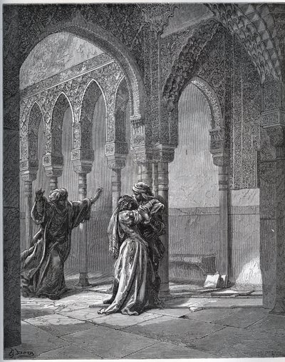 Histoire du captif. Première rencontre du captif avec Zoraïde dans le jardin de son père - de "Don Quichotte de la Manche" par Miguel Cervantes - Gravure sur bois d