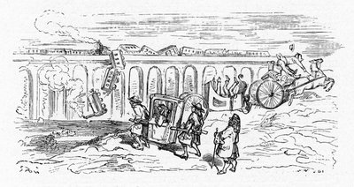 Caricature du transport "moderne" par Gustave Doré vers 1850 : 2 trains se percutent et un train de passagers déraille et tombe du haut d