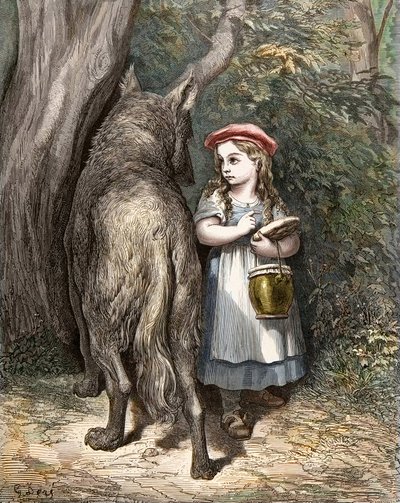 En traversant les bois, le petit chaperon rouge rencontre le loup. Gravure de Gustave Doré (1832-1883) des « Contes » de Charles Perrault (1628-1703) - Gustave Dore