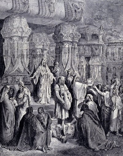 Cyrus II le Grand (580 av. J.-C. - 530 av. J.-C.) libère les peuples captifs à son arrivée à Babylone en 539 av. J.-C. et rend au peuple juif les vases sacrés qui avaient été pris comme butin dans le temple de Jérusalem. Gravure de Gustave Doré. - Gustave Dore