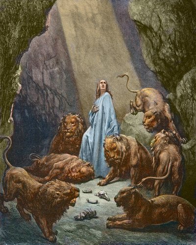 Daniel est jeté dans la fosse aux lions - Daniel dans la fosse aux lions - gravure par Gustave Doré - coloration ultérieure. - Gustave Dore