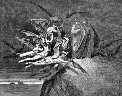 Dante et Virgile assaillis par des démons lors de leur passage dans le huitième cercle. Illustration (1861) par Gustave Doré pour l