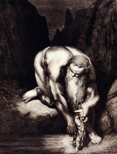 Dante et Virgile rencontrent le géant Antée. Ill. pour la Divine Comédie de Dante Alighieri par Gustave Doré - Gustave Dore