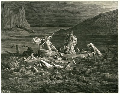 Dante et Virgile naviguent, guidés par le Nocher Phlégias, sur le Styx où des damnés essaient de monter dans le bateau. Gravure de L