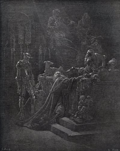 Don Quichotte, Montesinos et Durandarte, dans la grotte de Montesinos - de « Don Quichotte de la Manche » par Miguel Cervantes (1547-1616) - Gravure sur bois d