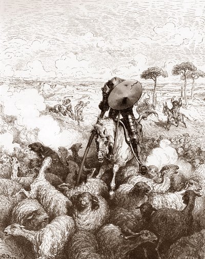 Don Quichotte attaque le troupeau de moutons. Gravure de Gustave Doré pour "L