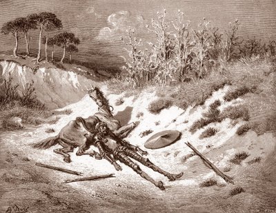 Don Quichotte après sa défaite, Quichotte appelle sa dame idéale Dulcinée del Toboso. Gravure de Gustave Doré pour "L