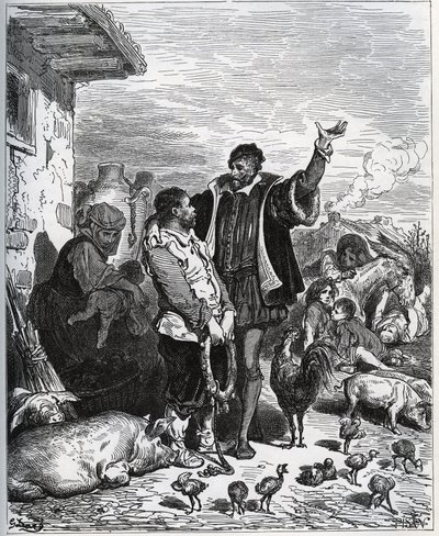 Don Quichotte convainc son voisin Sancho Panza de devenir son écuyer - de "Don Quichotte de la Manche" de Miguel Cervantes - Gustave Dore