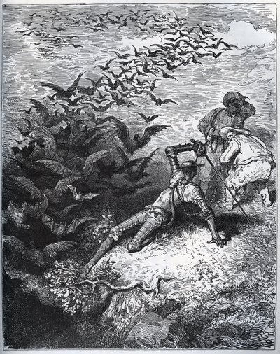 Don Quichotte à la grotte de Montesinos - Un nombre infini de corbeaux et de freux sortent de la grotte de Montesinos, renversant Don Quichotte au sol (II, 22) - de « Don Quichotte de la Manche » de Miguel Cervantes (1547-1616) - Gravure sur bois d