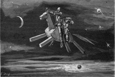 Don Quichotte et Sancho Panza dans le ciel, entre la lune et les étoiles, chevauchant le cheval de bois Clavilegne. Gravure de Gustave Doré illustrant l