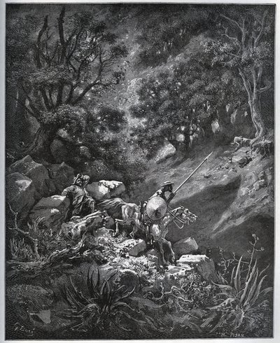 Don Quichotte et Sancho Panza continuent leur voyage dans la Sierra Morena à la recherche de la Deguenille-de-la-Malaise-Mine - de "Don Quichotte de la Manche" par Miguel Cervantes (1547-1616) - Gravure sur bois d
