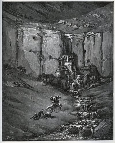 Don Quichotte et Sancho Panza découvrent la cause de leur inquiétude, une cascade et un moulin à foulon - de "Don Quichotte de la Manche" par Miguel Cervantes (1547-1616) - Gravure sur bois d