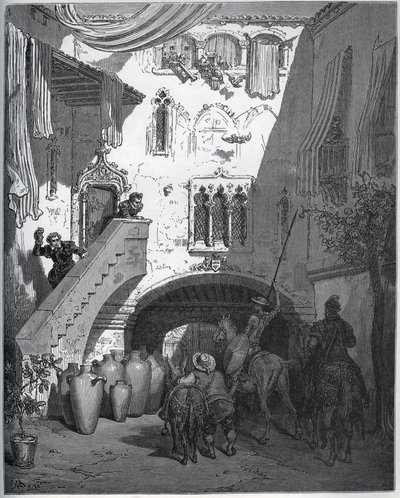 Don Quichotte et Sancho Panza, invités par Don Diego de Miranda chez lui, sont accueillis par la femme et le fils du gentilhomme - de "Don Quichotte de la Manche" par Miguel Cervantes (1547-1616) - Gravure sur bois d