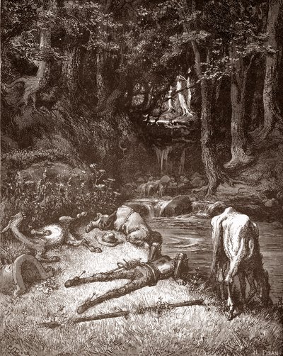 Don Quichotte et Sancho Panza se rafraîchissent à un ruisseau Gravure de Gustave Doré (1832-1883) pour « L
