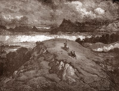 Don Quichotte et Sancho Panza approchant la Sierra Morena, gravure de Gustave Doré pour « L