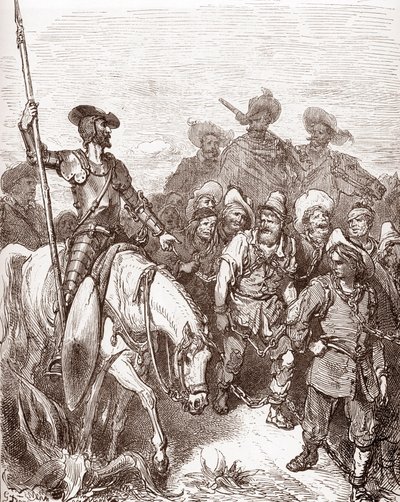 Don Quichotte et Sancho Panza interrogent les criminels conduits aux galères. Gravure de Gustave Doré pour "L