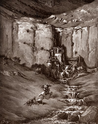Don Quichotte et Sancho Panza voient une cascade et des cabanes bruyantes Gravure par Gustave Doré (1832-1883) pour « L