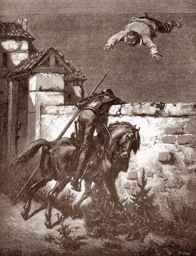 Don Quichotte ne parvient pas à arrêter les lanceurs de Sancho Panza qui le font rebondir sur une couverture, gravure de Gustave Doré pour 