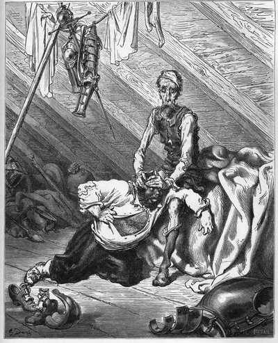 Don Quichotte fait goûter à Sancho Panza son précieux baume pour les guérir de tous les maux - de "Don Quichotte de la Manche" de Miguel Cervantes - Gustave Dore