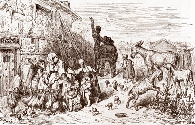Don Quichotte persuade son voisin Sancho Panza de devenir son écuyer Gravure de Gustave Doré (1832-1883) pour « L
