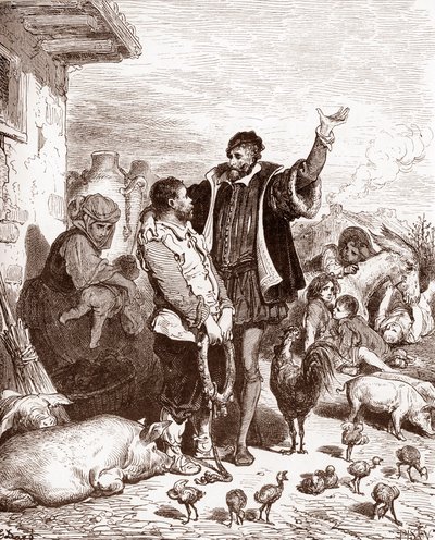 Don Quichotte persuade son voisin Sancho Panza de devenir son écuyer en lui promettant de le faire gouverneur de quelque île conquise Gravure de Gustave Doré (1832-1883) pour « L