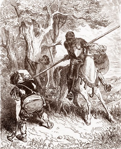 Don Quichotte menace le paysan qui battait le berger Gravure de Gustave Doré (1832-1883) pour « L