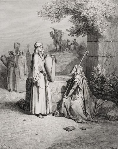Éliézer et Rébecca, Genèse 24:15-21, illustration tirée de 