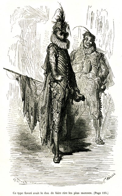 Gravure de Gustave Doré illustrant le roman de Théophile Gautier "Le Capitaine Fracasse". Édition Charpentier 1863. Deux comédiens (acteurs de la commedia dell