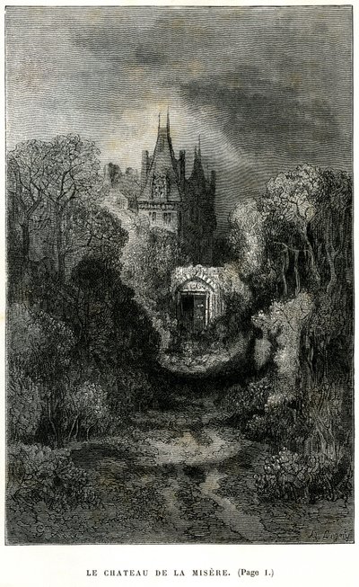 Gravure de Gustave Doré en frontispice du roman de Théophile Gautier « Le Capitaine Fracasse ». Édition Charpentier 1863. Le Château de la Misère, demeure du Baron de Sigognac. - Gustave Dore