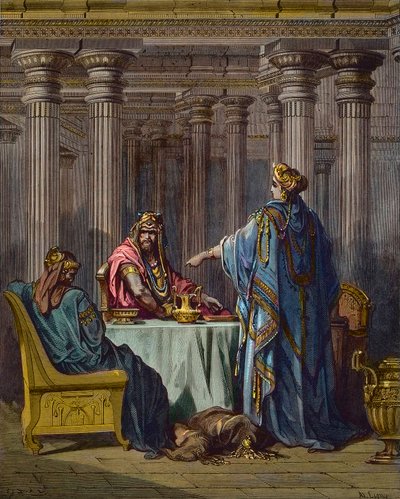 Esther accusant Haman - scènes bibliques, Esther et Haman, gravure sur bois par Gustave Doré - coloration ultérieure. - Gustave Dore